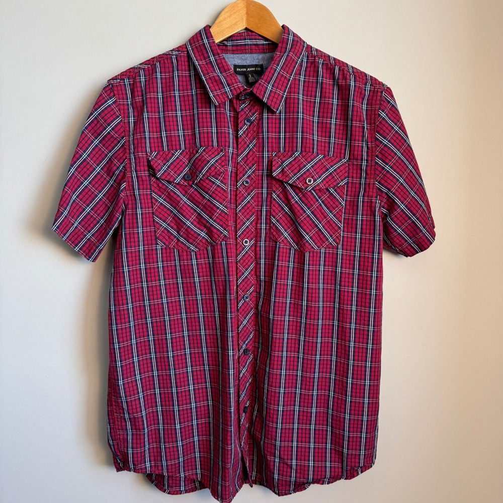 Silver Jeans Co Mens Plaid Short Sleeve Button Up Shirt Red Large